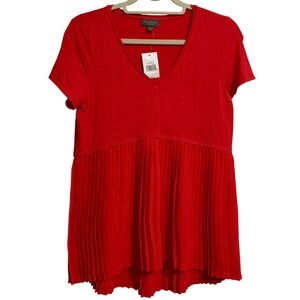 The Limited Goji Berry Red Pleated Mixed Media V-Neck Babydoll Top Small NEW